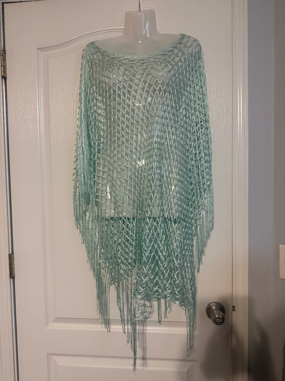 Light Mint Crochet Fringe Poncho - Women Accessories
